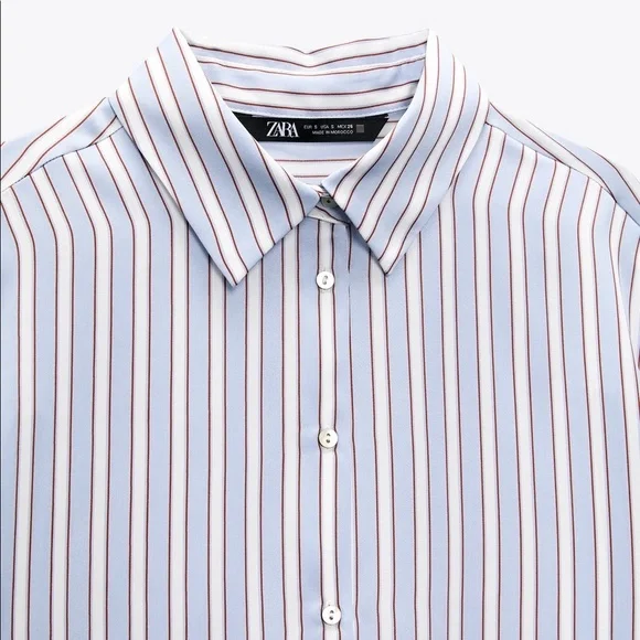 NWT. Zara Blue/White Stiped Satin Effect Blouse/Shirt. Size S. - Picture 6 of 11